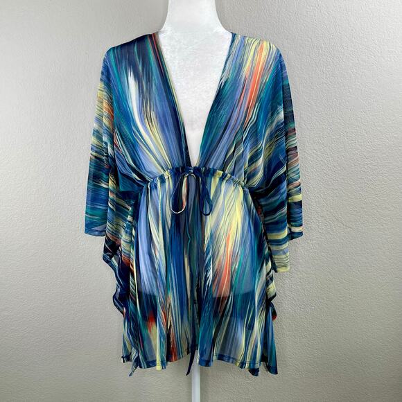 Blue Multicolor Sheer Mesh Cinched Waist V-Neck Oversize Cover-Up Plus 2X/3X NWT - Picture 12 of 15